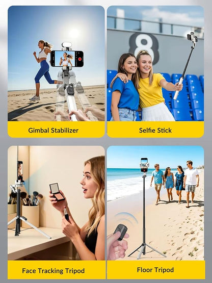 AOCHUAN 70.9” Auto-Open 4-in-1 Smartphone Gimbal for iPhone & Android, AI Face Tracking Phone Stabilizer(No App Needed) w/Magnetic Remote, 360° Rotating Gimbal, RGB Light& Built-in Tripod, M3Pro White