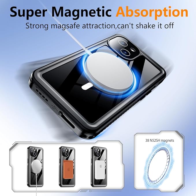 Temdan Magnetic for iPhone 13 Case Waterproof, Built-in Screen Protector[IP68 Underwater][Compatible with MagSafe][Full Body Shockproof][Military Dropproof] Protective Case for iPhone 13-Black/Clear