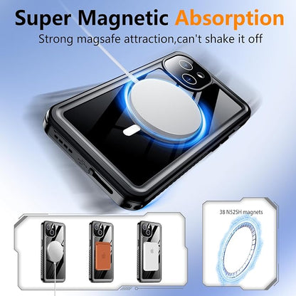 Temdan Magnetic for iPhone 13 Case Waterproof, Built-in Screen Protector[IP68 Underwater][Compatible with MagSafe][Full Body Shockproof][Military Dropproof] Protective Case for iPhone 13-Black/Clear