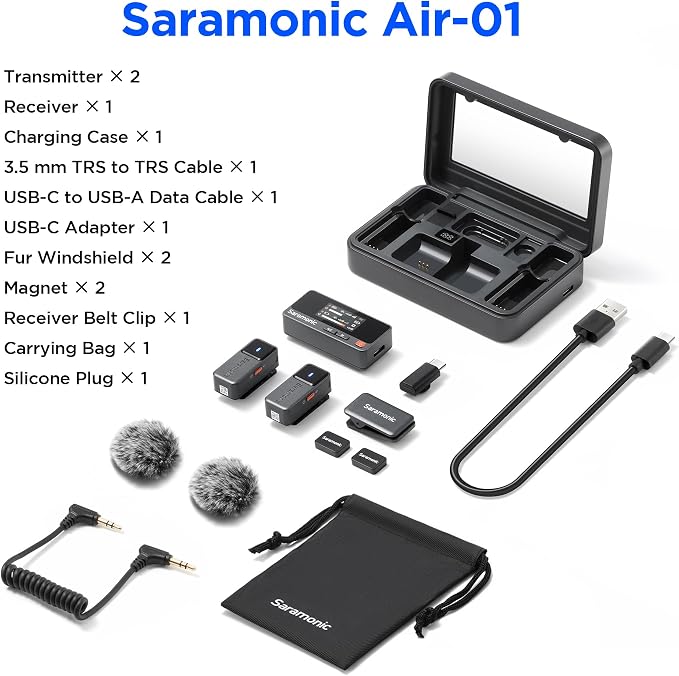 Saramonic Air Wireless Microphone for iPhone/Camera/Android/PC, 48kHz/24-bit,120dB Max SPL, 300m Range, Noise Cancelling, 30h Use for Filmmaking and Content Creation (USB Type-C Version)