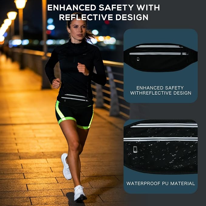 Running belt for Women &Men,Adjustable Exercise Waist Pack Reflective Running Belt for Sports Workout Cycling Hiking, Casual Hands-Free Wallets Phone Bag Fits All Phones(black)
