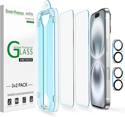amFilm Auto-Alignment OneTouch for iPhone 16 [6.1''] Screen Protector + Camera Lens Protector, Tempered Glass, 30 seconds Installation, Bubble Free, Case Friendly, Anti-Scratch [2+2 Pack]