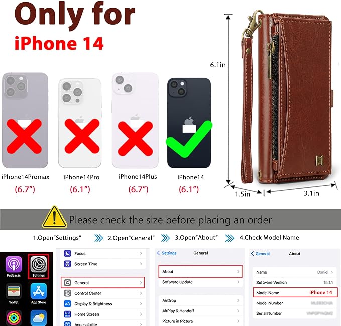 Wallet Case for iPhone 14 with Card Holder/Crossbody Wallet/Strap| RFID Blocking | Magnetic | Kickstand | Detachable | PU Leather Phone Case for iPhone 14,6.1 in,Brown