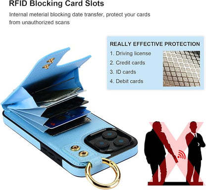 Folosu for iPhone 16 Pro Max Wallet Case with Card Holder, Hand Wrist Strap Loop Holder Kickstand, RFID Blocking Finger Grip Ring PU Leather Double Buttons Shockproof Cover 6.9" Blue