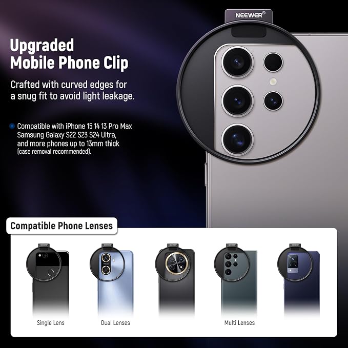 NEEWER 67mm Clip On Variable ND Filter Kit with Cold Shoe Phone Clip, Adjustable ND2-32 Filter Compatible with iPhone 17 16 15 Pro Max Plus Android Samsung Galaxy S24 S25 Ultra