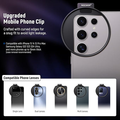 NEEWER 67mm Clip On Variable ND Filter Kit with Cold Shoe Phone Clip, Adjustable ND2-32 Filter Compatible with iPhone 17 16 15 Pro Max Plus Android Samsung Galaxy S24 S25 Ultra