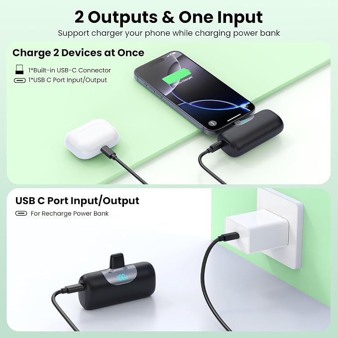 [2-Pack] 6000mAh Portable Charger for iPhone 17/16, LCD Display USB C Mini Power Bank,PD Fast Charging Lipstick Sized Battery Pack for iPhone 17/16/15 Pro Max, Galaxy S25/S24, Pixel (Black+White)