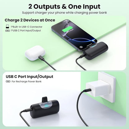 [2-Pack] 6000mAh Portable Charger for iPhone 17/16, LCD Display USB C Mini Power Bank,PD Fast Charging Lipstick Sized Battery Pack for iPhone 17/16/15 Pro Max, Galaxy S25/S24, Pixel (Black+White)