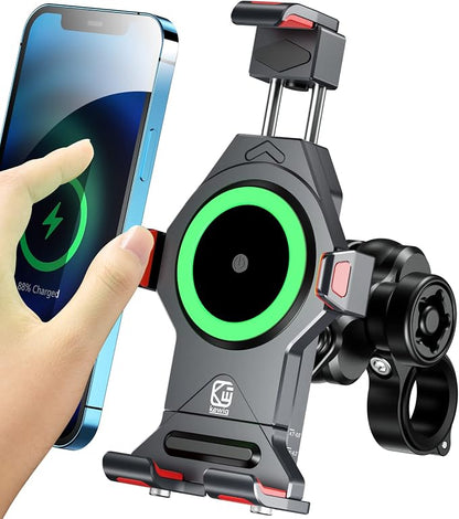 BRCOVAN Aluminum Alloy Motorcycle Phone Mount with Qi 15W Wireless Charger & Vibration Dampener, Anti-Theft Waterproof Motorcycle Handlebar Cellphone Holder, Adjustable Fit 4.7''-7.2'' Smartphones