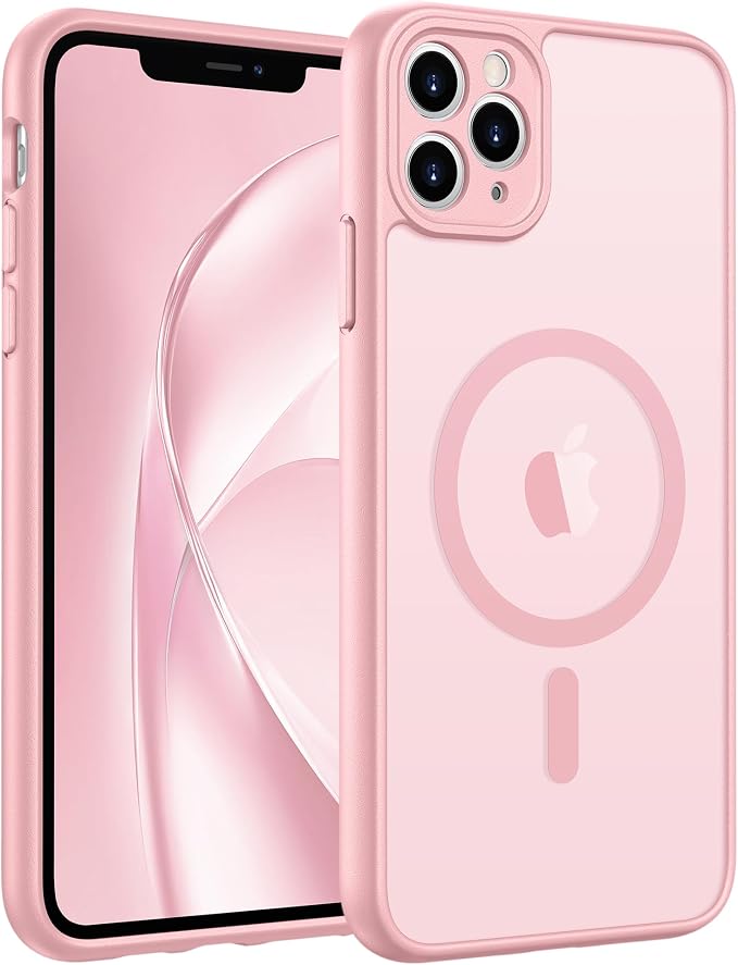 FNTCASE for iPhone 11 Pro Max Case, Fit for Magsafe, Full Camera Protection | Translucent Matte Magnetic Phone Back, 14FT Military Grade Drop Proof, Slim Shockproof Protective Cover, Light Pink