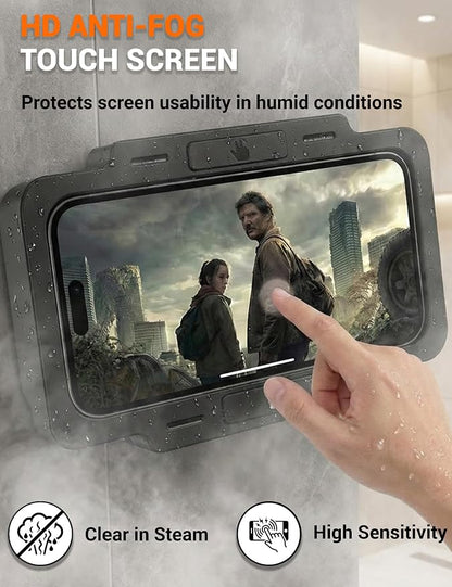 Shower Phone Holder Waterproof 360° Adjustable Rotating, Anti-Fog Touch Screen Wall Mount Phone Stand for Bathroom Mirror Bathtub Kitchen, Fits iPhone 17 16 15 Pro Max for 4-7" Cellphones Black