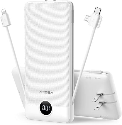VEGER Portable Charger with Built-in AC Plug and Cables, All in One 10000mAh Ultra Slim Power Bank Travel Essentials, Fast Charging Battery Pack Compatible with iPhone, Samsung, Android (White)