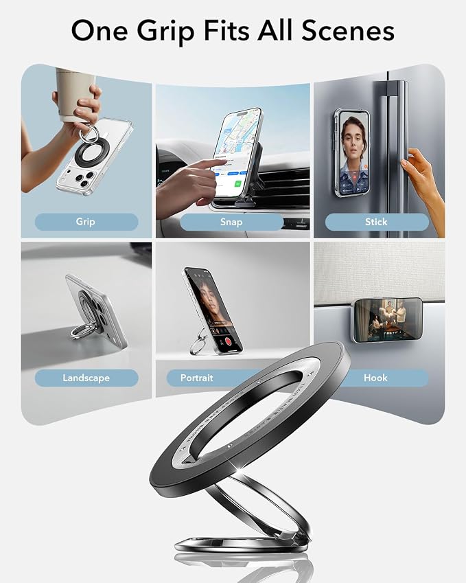 ESR for MagSafe Phone Grip, Dual-Side Magnetic Phone Grip,360° Adjustable Thin Magnetic Ring Holder Stand,for iPhone 17e/17-12, Samsung, All Phones, MagSafe Accessories (2 Metal Rings Included)
