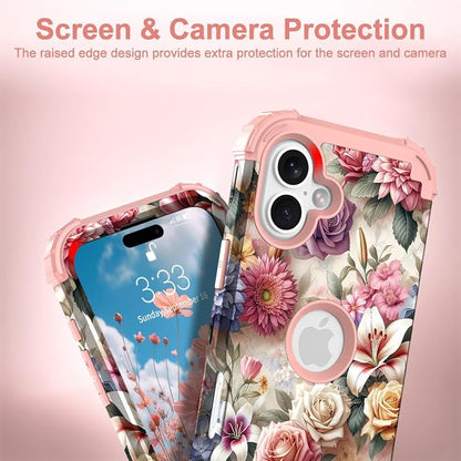 Hocase for iPhone 17 Case 6.3", Heavy Duty Shockproof Protection Soft Silicone Rubber+Hard Plastic Bumpers Hybrid Protective Case for iPhone 17 2025 - Rose Flowers