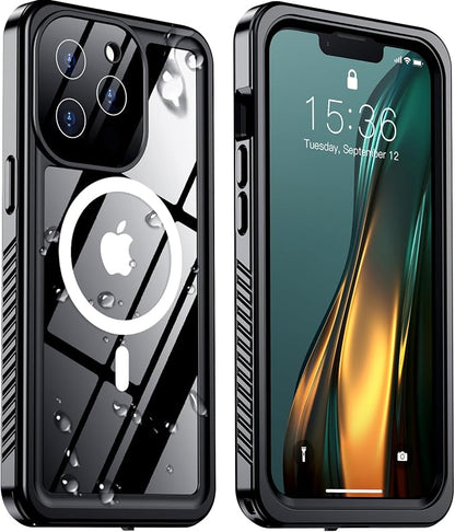 Temdan Magnetic for iPhone 13 Pro Max Case Waterproof, Built-in Screen Protector[IP68 Underwater][Compatible with MagSafe][Military Dropproof] Protective Case for iPhone 13 Pro Max-Black/Clear
