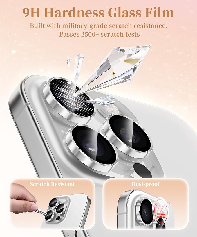 GolbinBox Camera Lens Protector for iPhone 17 Pro Max/17 Pro/16 Pro Max/16 Pro, 1:1 Invisible Fit, 9H Tempered Glass Ultra HD Metal Individual Camera Cover, Case Friendly, Silver
