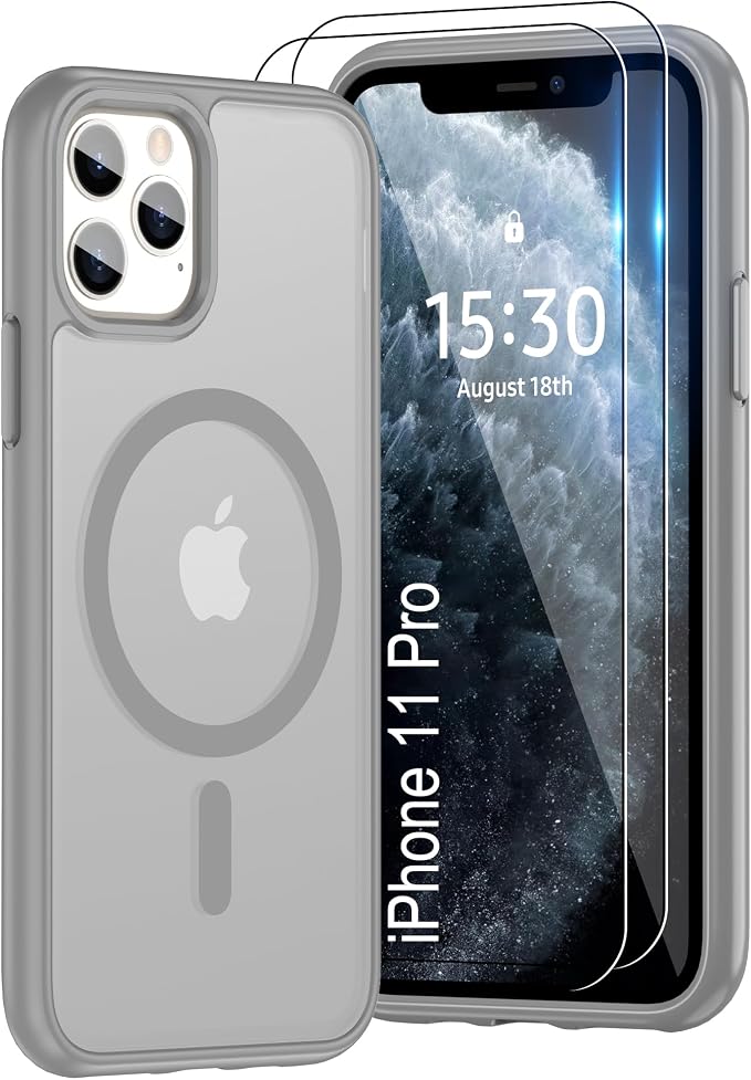 For iPhone 11 Pro Case [Compatible with Magsafe] Translucent Matte Magnetic 11 Pro Phone Case with Screen Protector,SlimThin Shockproof Military Grade Drop Protection Cover for iPhone 11 Pro-Gray