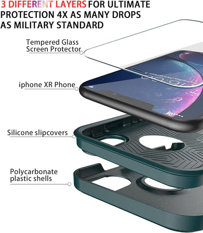 Diverbox for iPhone XR Case [Tempered Glass Screen Protector] [Shockproof] [Dropproof] Heavy Duty Protection Phone Case Cover for Apple iPhone XR (Dark Green)