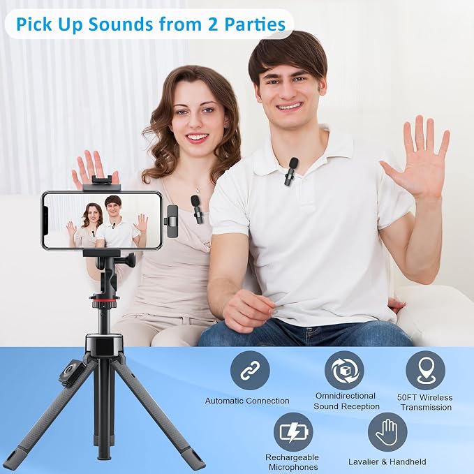MAYBESTA Wireless Lavalier Lapel Microphone for iPhone Android - Bluetooth Mini Phone Microphones for Video Recording - 2 Clip on Mics with USB C Interface for Tiktok YouTube Vlog(USB-C Only)