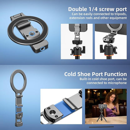 Phone Tripod Holder Mount for MagSafe, Aluminum Magnetic Mount Adapter with 1/4” Screw Hole, Cold Shoe for iPhone 17 16 15 14 13 Series for Samsung for Google Accessories