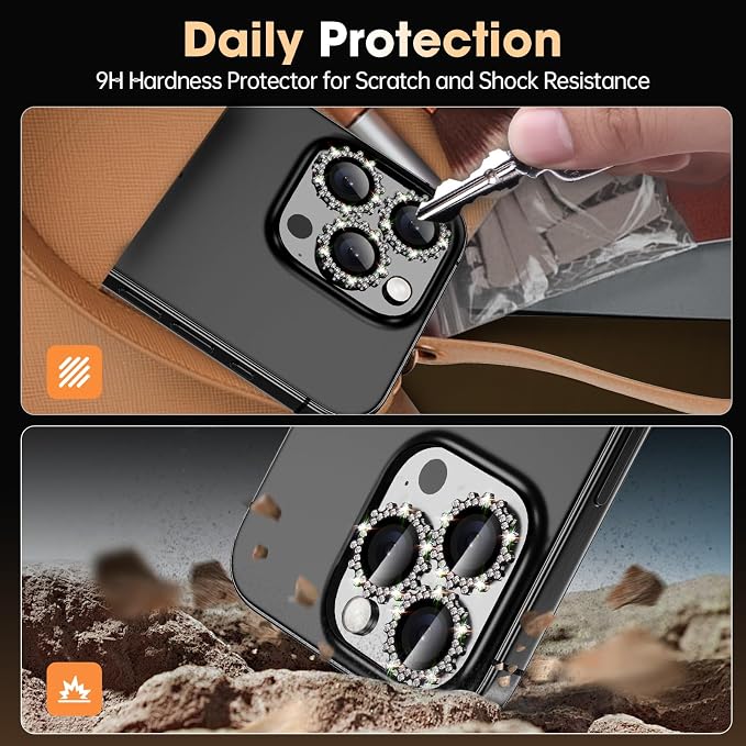 Xfilm for iPhone 16 Pro/16 Pro Max Camera Lens Protector Bling Individual Gear Design Diamond Ring 9H Hardness Scratchproof Protector, Stylish Phone Accessories, Case Friendly (Black)