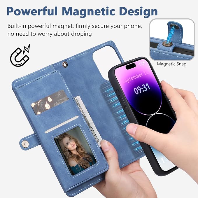 Wallet Case for iPhone 14 Pro with Card Holder/Crossbody Wallet/Strap| RFID Blocking | Magnetic | Kickstand | Detachable | PU Leather Phone Case for iPhone 14 Pro,6.1 in,Sky Blue