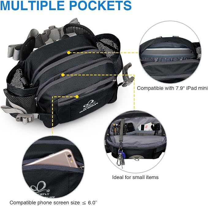 WATERFLY Fanny Pack Waist Bag: Fannie Pack 2 Water Bottle Holders Lumbar Belt Hiking Walking Running Jogging Camping Large Woman Man (Bottle Not Included)