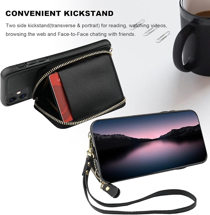 Bocasal RFID Blocking Wallet Case for iPhone 11, Adjustable Crossbody Zipper Purse Case Card Holder with Kickstand Detachable Wrist Strap, PU Leather Flip Folio Case 6.1 Inch (Black)