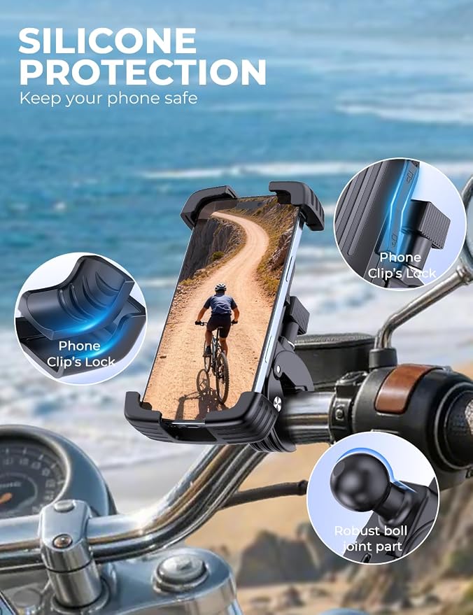 Bike Phone Holder Mount, Motorcycle Phone Mount, 360° Adjustable Phone Holde Mount for Bike and Motorcycle, Shockproof & Anti-Shake Design, Fits 4.7–7” Smartphones (Black)