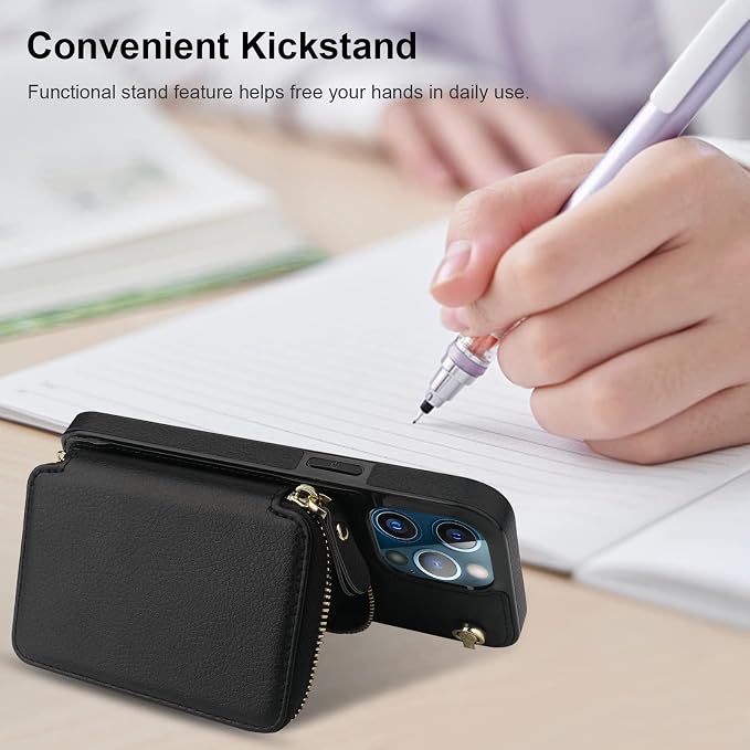 Bocasal Crossbody Wallet Case for iPhone 13 Pro Max, RFID Blocking Leather Purse Case with Card Holder, Protective Handbag Flip Cover with Zipper Wrist Strap Lanyard for Women 5G 6.7 Inch (Black)