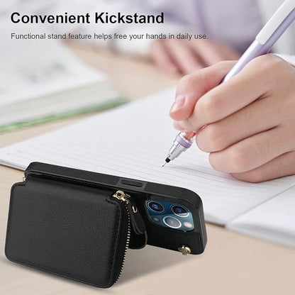 Bocasal Crossbody Wallet Case for iPhone 13 Pro Max, RFID Blocking Leather Purse Case with Card Holder, Protective Handbag Flip Cover with Zipper Wrist Strap Lanyard for Women 5G 6.7 Inch (Black)