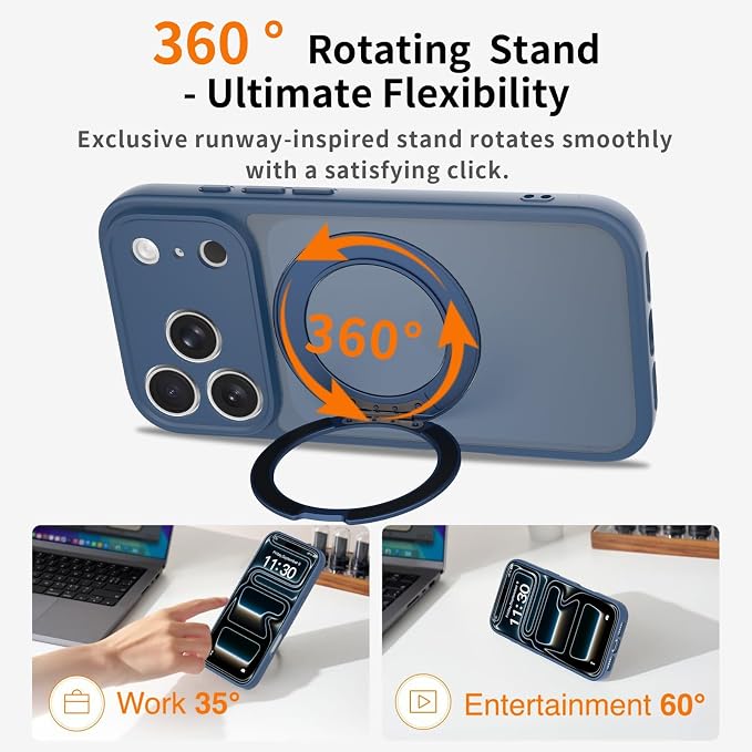 Magnetic iPhone Case [Compatible with MagSafe], Shockproof Translucent Matte Phone Case for iPhone 17 Pro, Anti-Fingerprint, Oil Resistant(with 360° Rotatable Ring Holder Stand) (Blue, iPhone 17 Pro)