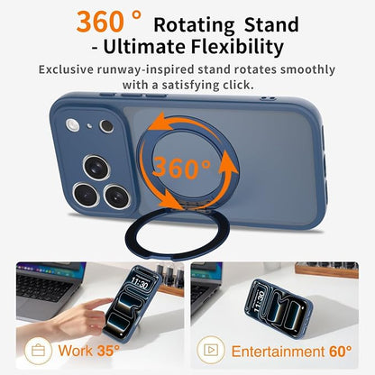 Magnetic iPhone Case [Compatible with MagSafe], Shockproof Translucent Matte Phone Case for iPhone 17 Pro, Anti-Fingerprint, Oil Resistant(with 360° Rotatable Ring Holder Stand) (Blue, iPhone 17 Pro)