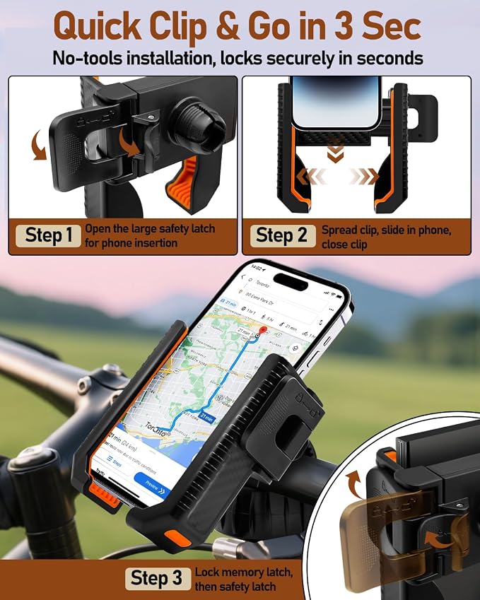 Bike Phone Holder, Bicycle Phone Mount Handlebar Motorcycle Phone Mount 3S Quick Install Bicycle Scooter Phone Clip, for iPhone 16 Pro Max, 15 14 13, Galaxy S25 Ultra, 4.5-7" Phones
