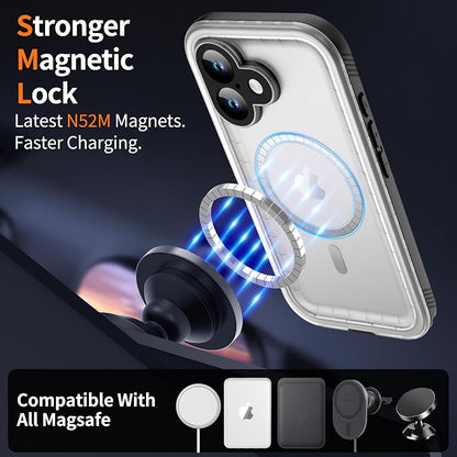 Cozycase for iPhone 16 Waterproof Shockproof Dustproof Case [Compatible with MagSafe] - Heavy Duty/360 Full Body/Military Grade/Rugged Built in Screen/Camera Protector Black/Frosted Clear 6.1 inch