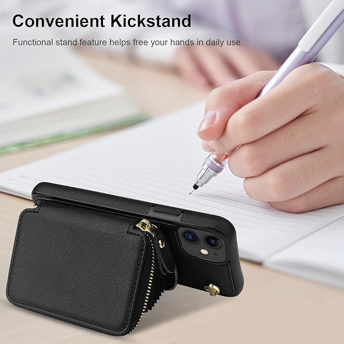 Bocasal Crossbody Wallet Case for iPhone 11, RFID Blocking Leather Purse Case with Card Holder, Protective Handbag Flip Cover with Zipper Wrist Strap Lanyard for Women 6.1 Inch (Black)