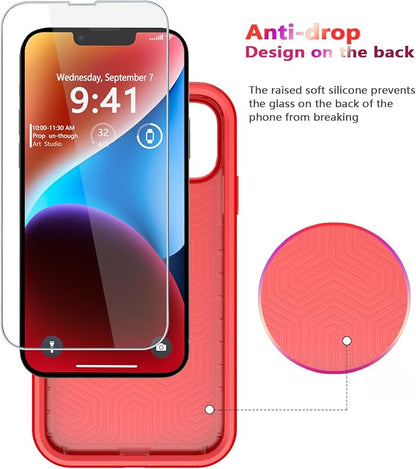 Diverbox for iPhone 14 Case [Shockproof] [Dropproof] [Tempered Glass Screen + Camera Lens Protector],Heavy Duty Protection Phone Case Cover for Apple iPhone 14 (Red-2in1)