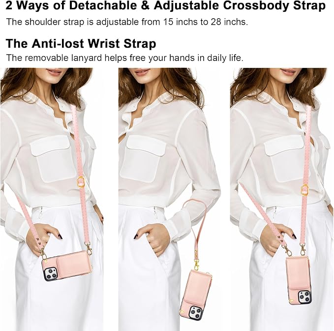 KIHUWEY Crossbody Wallet Case for iPhone 15 Pro Max, Zipper Pocket Case with Card Holder, PU Leather RFID Blocking Protective Cover with Kickstand and Detachable Wrist Strap Lanyard - 6.7" (Rose Gold)