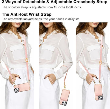 KIHUWEY Crossbody Wallet Case for iPhone 15 Pro Max, Zipper Pocket Case with Card Holder, PU Leather RFID Blocking Protective Cover with Kickstand and Detachable Wrist Strap Lanyard - 6.7" (Rose Gold)