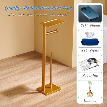 Freestanding Toilet Paper Holder Stand with Storage Tray – Gold Stainless Steel Bathroom Tissue Dispenser, Square Design