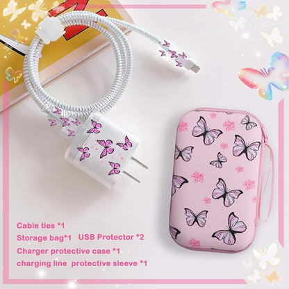 Cute Phone Charger Storage Case cover Set Pink Butterfliy flowers Carrying Bag with Cable Protector Cord Organizer,Cable Chomper,Charger Saver Lightning Compatible for iPhone