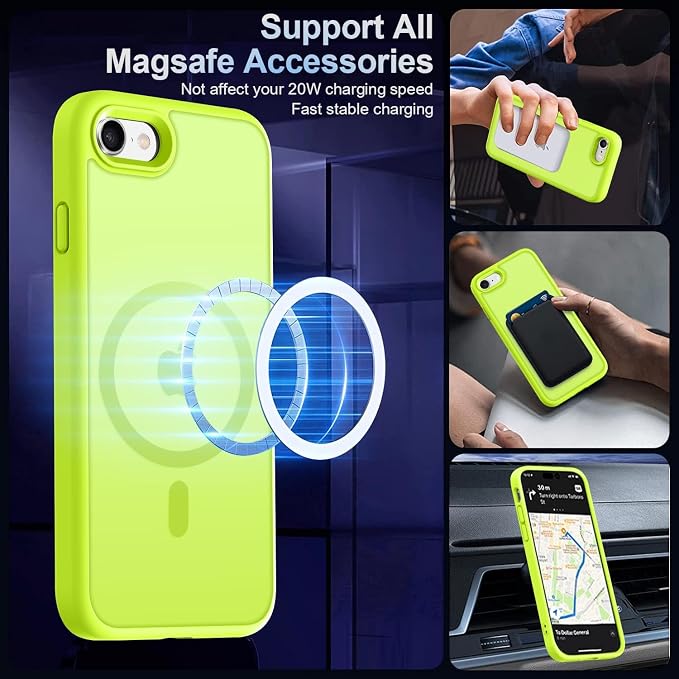 MOCCA Strong Magnetic for iPhone SE Case 2022/iPhone SE 2020 Case/iPhone 7 Case/iPhone 8 Case [Compatible with Magsafe] Slim Thin Translucent Matte Protective Cover Phone Case 4.7'', Fluorescent Green