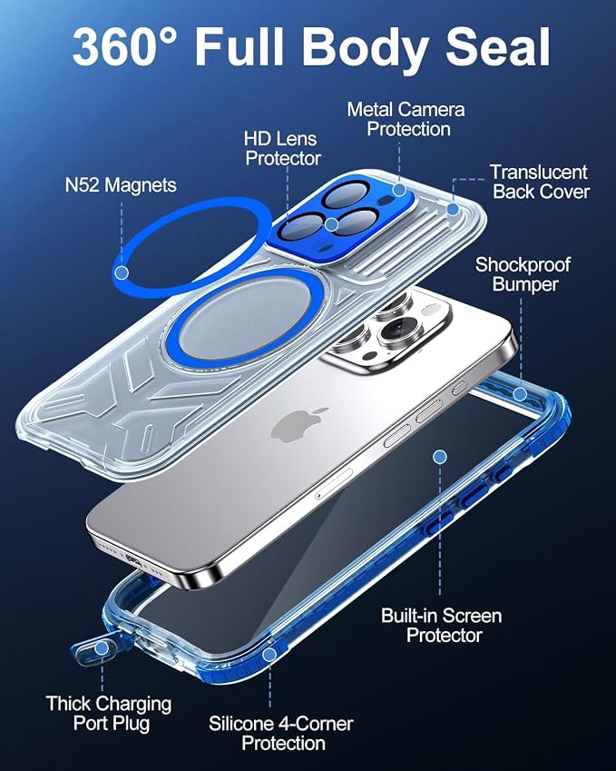 for iPhone 15 Pro Waterproof Case with Magsafe, Built-in [Camera & Screen Protector] [Lanyard], IP68 Water Proof Full Body Dustproof Heavy Duty Frosted Protective Phone Cover, 6.1" Blue
