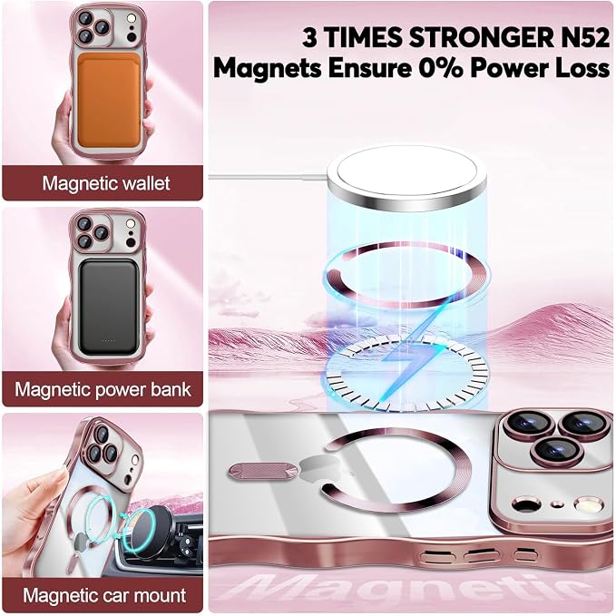 Misscase Designed for iPhone 17 Pro Max Case 6.9",with Privacy Screen Protector*1,Cute Wave Frame Case with Camera Lens Protector,Compatible with MagSafe Plating Bling for Women Pink