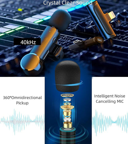 Wireless Microphone for iPhone and Android Phones - 2 Pack Cordless Lavalier Lapel Microphone Noise Canceling Lav Mic for Video Recording Vlog TikTok Instagram