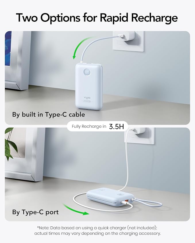 VIYISI Portable Charger 20000mAh 30W Fast Charging with 2 Cables | Power Bank with Built-in USB C & Lighting Cables, Compact Battery Pack Compatible with iPhone 17 16 15 Pro Max iPad, iPod