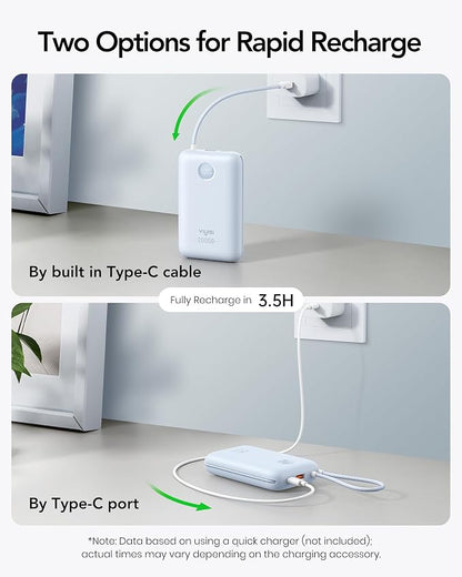 VIYISI Portable Charger 20000mAh 30W Fast Charging with 2 Cables | Power Bank with Built-in USB C & Lighting Cables, Compact Battery Pack Compatible with iPhone 17 16 15 Pro Max iPad, iPod