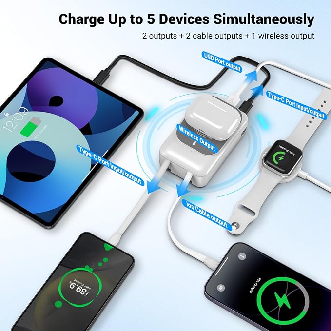 Magnetic Wireless Power Bank 26800mAh, PD 22.5W Type-C Fast Charging Portable Charger 5 Outputs, Battery Pack for Magsafe Built in 2 Cables with Stand LED Display for iPhone 17/16/15/14/13/12-White