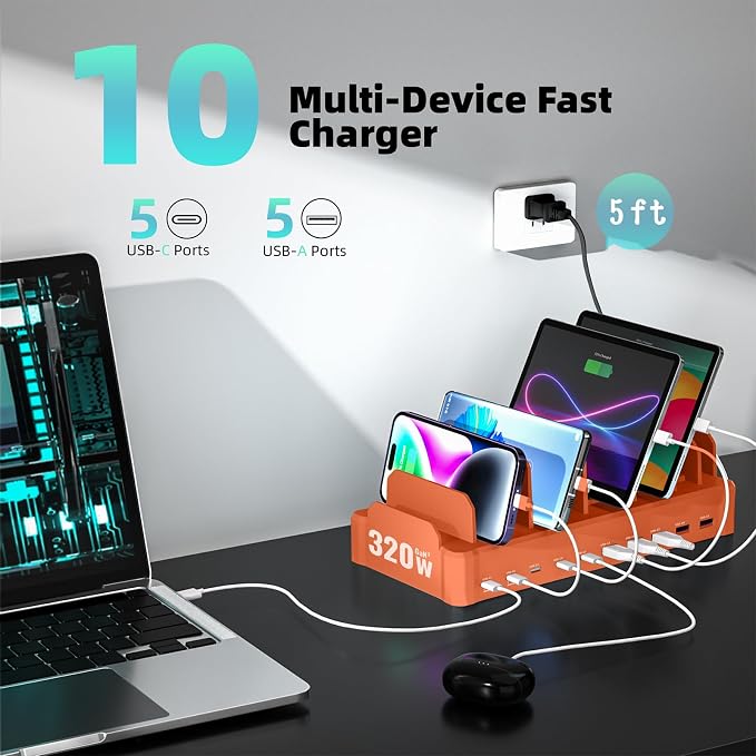 320W Charging Station for Multiple Devices, Zobirez 10-Port USB C Fast Charger Stations for MacBook, iPhone, Android Cell Phone, iPad, Tablet Family Multi-Device Organizer Charging Dock, Orange