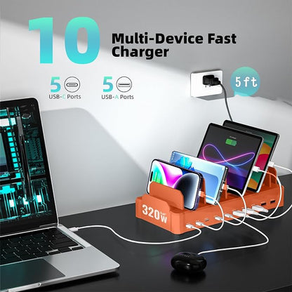 320W Charging Station for Multiple Devices, Zobirez 10-Port USB C Fast Charger Stations for MacBook, iPhone, Android Cell Phone, iPad, Tablet Family Multi-Device Organizer Charging Dock, Orange